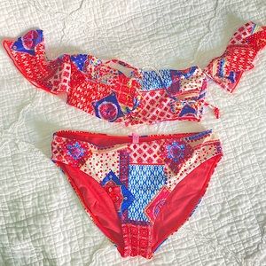 YMI size Medium Bikini with ruffled sleeve and front faux lace up accent. NWOT